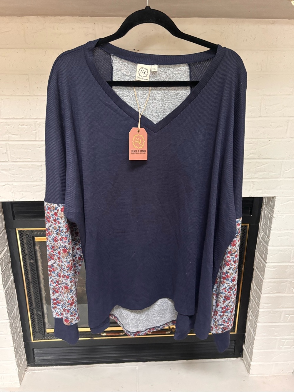 Navy V-Neck Pullover with Floral Sleeve Accent